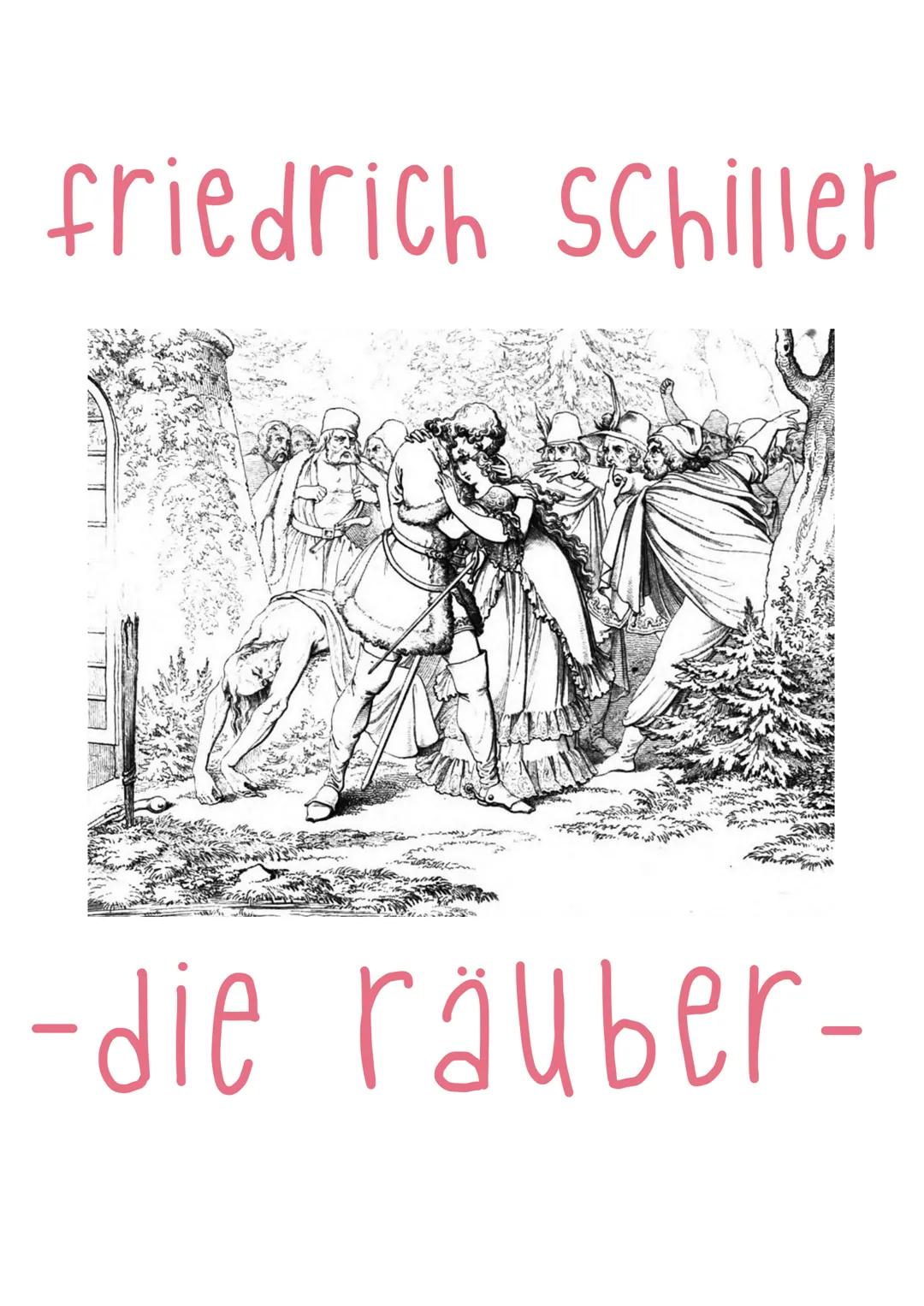 friedrich Schiller
-die räuber-
- DATEN ZUM WERK.
Titel: Die Räuber
Gattung: (tragisches Drama) Schauspiel
Originalsprache: Deutsch
-> dicht
