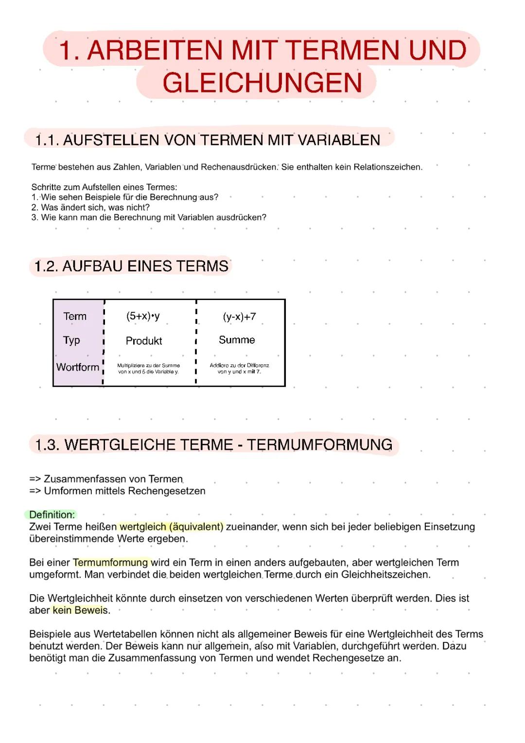 Terme und Gleichungen: Übungen und Lösungen für Klasse 7 und 8