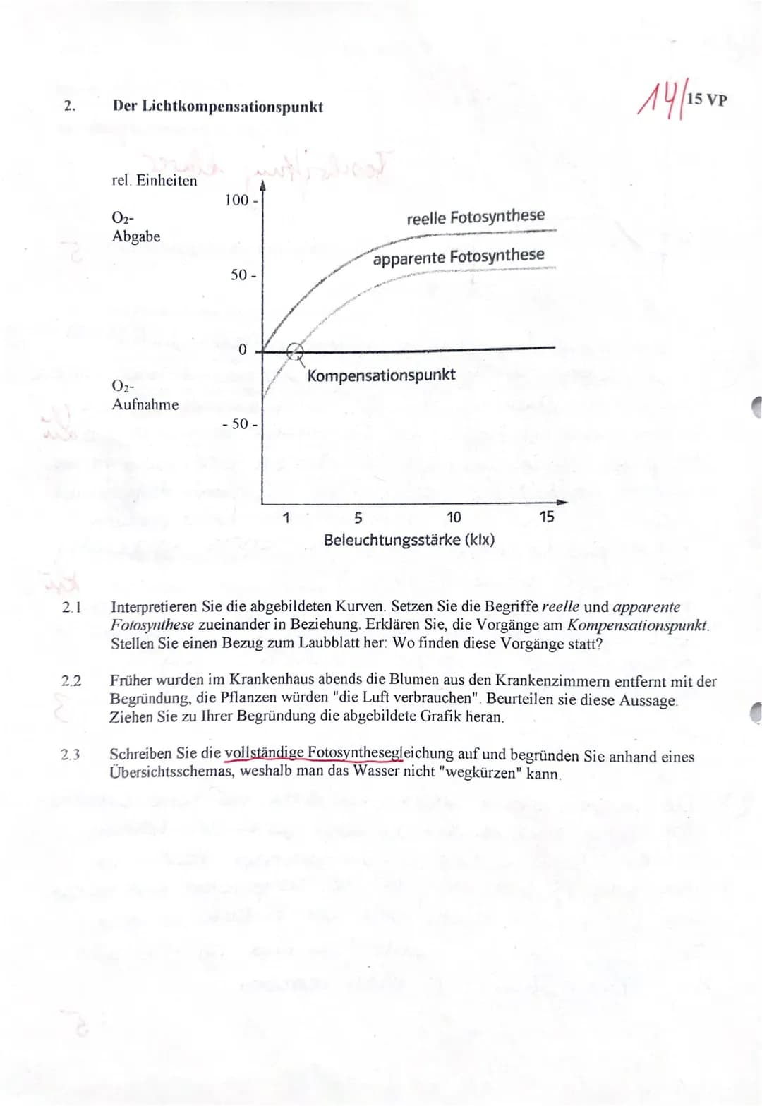 1.
1.2
1.3
Die Abhängigkeit der Fotosynthese von Temperatur und Beleuchtungsstärke /13/1
13/15 VP
Die Fotosynthese ist einer der wichtigsten
