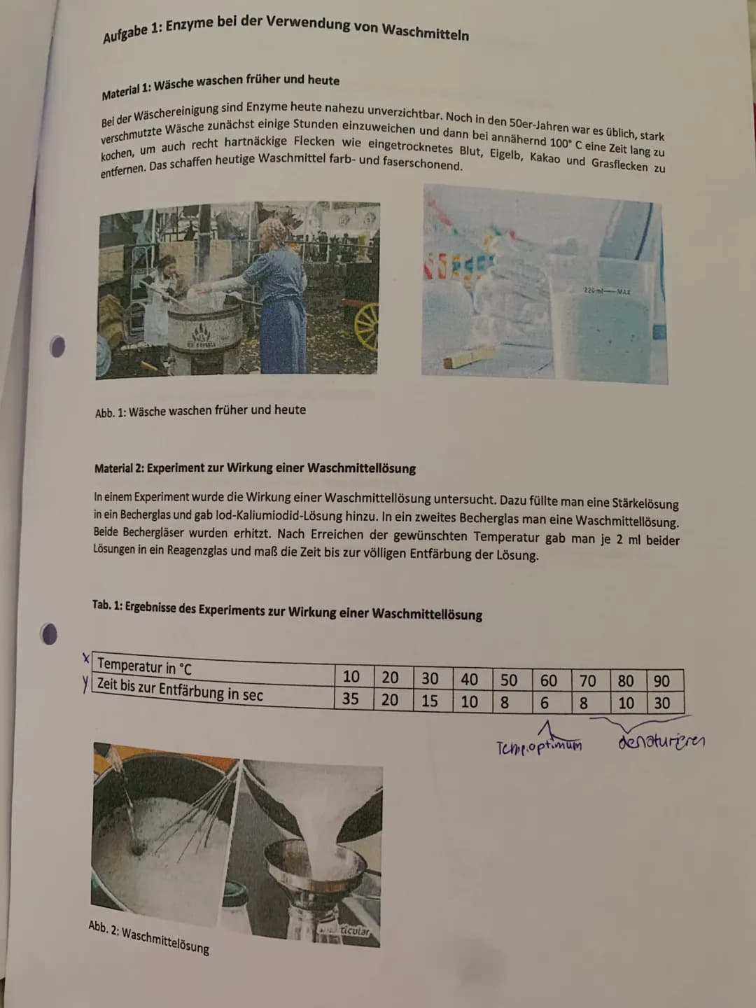 Aufgabenstellungen
Aufgabe 1: Enzyme bei der Verwendung von Waschmitteln
V
1.1 Beschreiben Sie die Messwerte der Tabelle 1 (Material 2) und 