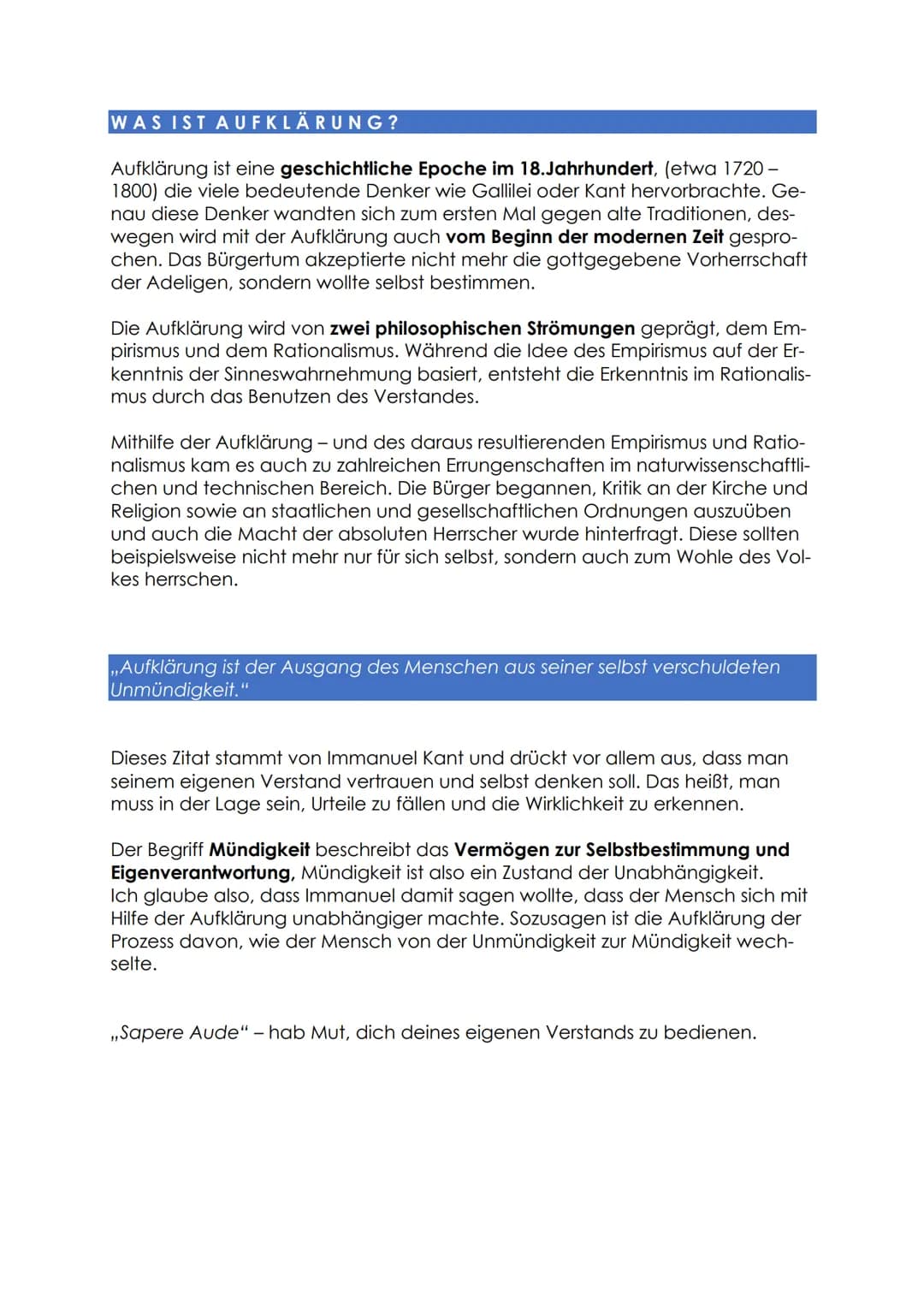 WAS IST AUFKLÄRUNG?
Aufklärung ist eine geschichtliche Epoche im 18. Jahrhundert, (etwa 1720-
1800) die viele bedeutende Denker wie Gallilei