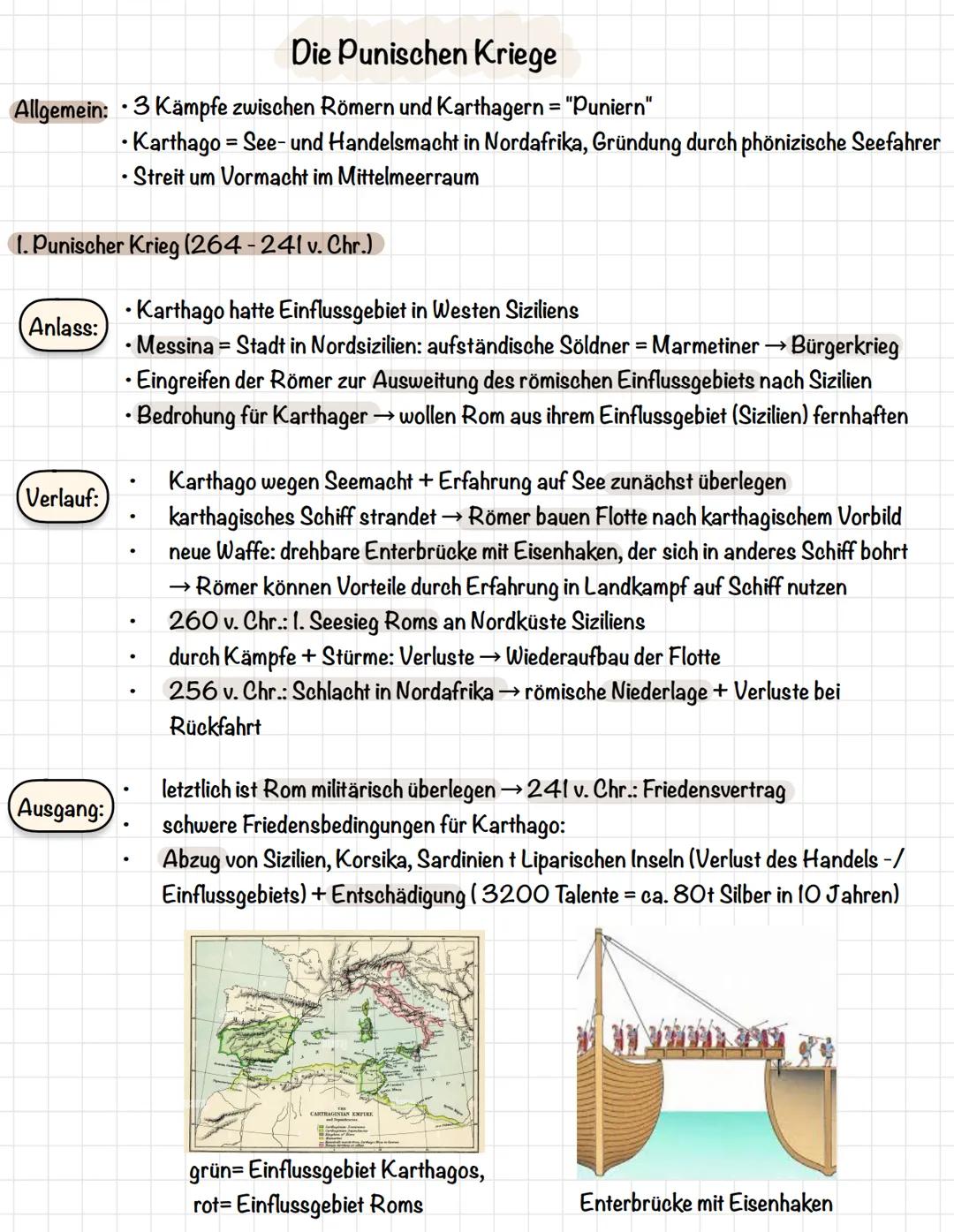 Die Punischen Kriege
Allgemein: 3 Kämpfe zwischen Römern und Karthagern = "Puniern"
1. Punischer Krieg (264 - 241 v. Chr.)
Anlass:
(Verlauf: