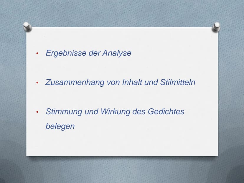 Aufbau einer
Gedichtanalyse 1. Einleitung
Einleitungssatz
2. Hauptteil
Inhaltsangabe. Analyse, Interpretation
3. Schluss
Bewertung 1. Einlei