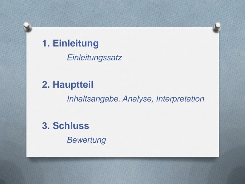 Aufbau einer
Gedichtanalyse 1. Einleitung
Einleitungssatz
2. Hauptteil
Inhaltsangabe. Analyse, Interpretation
3. Schluss
Bewertung 1. Einlei