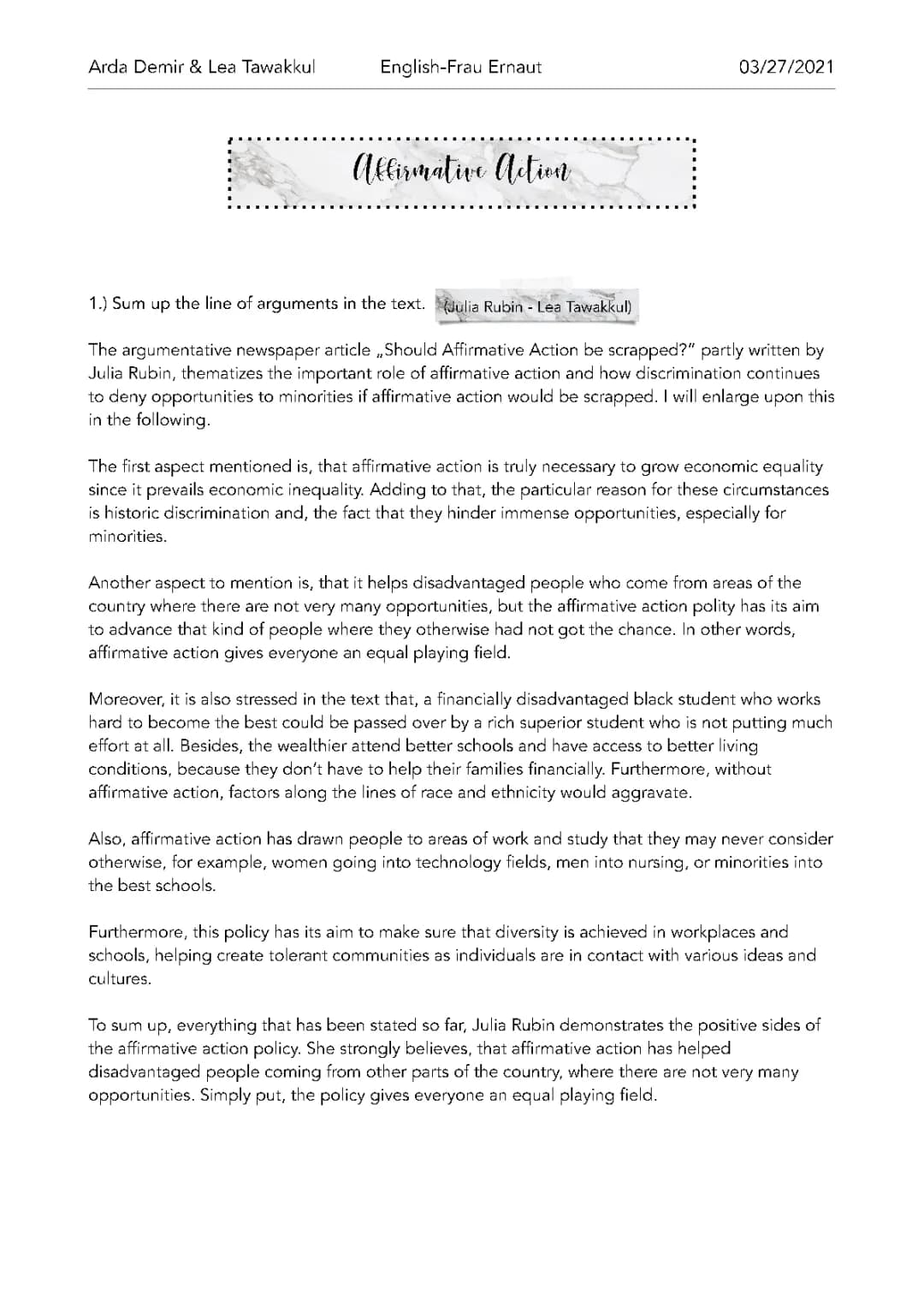 Affirmative action - summary, analysis und discussion 