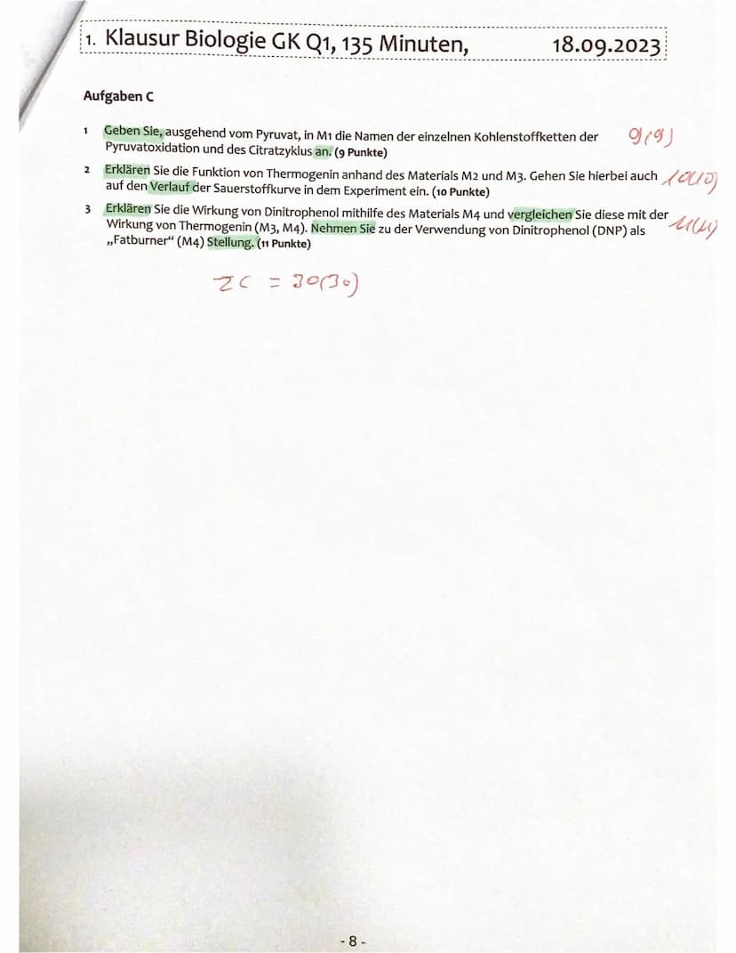 1. Klausur Biologie GK Q1, 135 Minuten,
M1: Pyruvatoxidation und Citratzyklus
NADH+H
NAD
COO
HỌ-CH
I
CH
I
COO
Malat
0000
H₂0
COO
CH
11
HC
CO