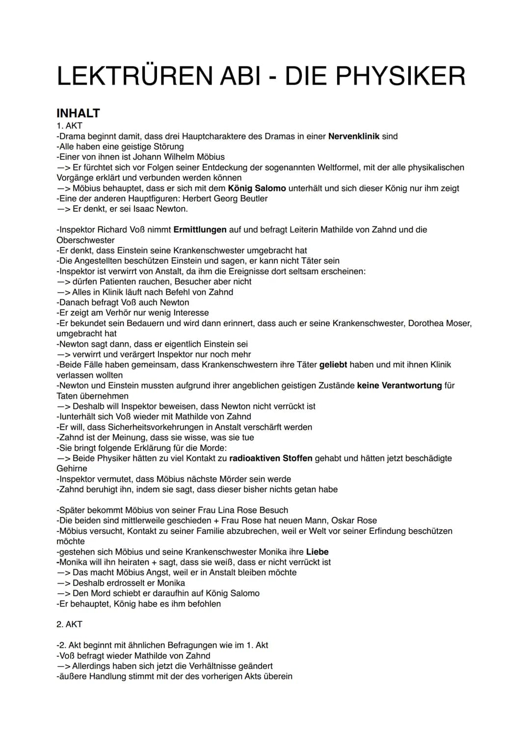 LEKTRÜREN ABI - DIE PHYSIKER
INHALT
1. AKT
-Drama beginnt damit, dass drei Hauptcharaktere des Dramas in einer Nervenklinik sind
-Alle haben