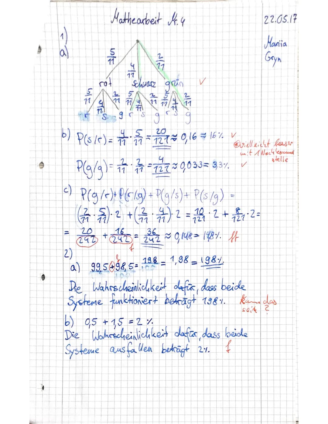 Name:
Mariia Gryn
Kooperative
Gesamtschule
Sittensen
Mathematikarbeit Nr. 4 im SJ 16/17 - Klasse 8b31
Datum: 8631
Aufgabe 1
In einer Urne be