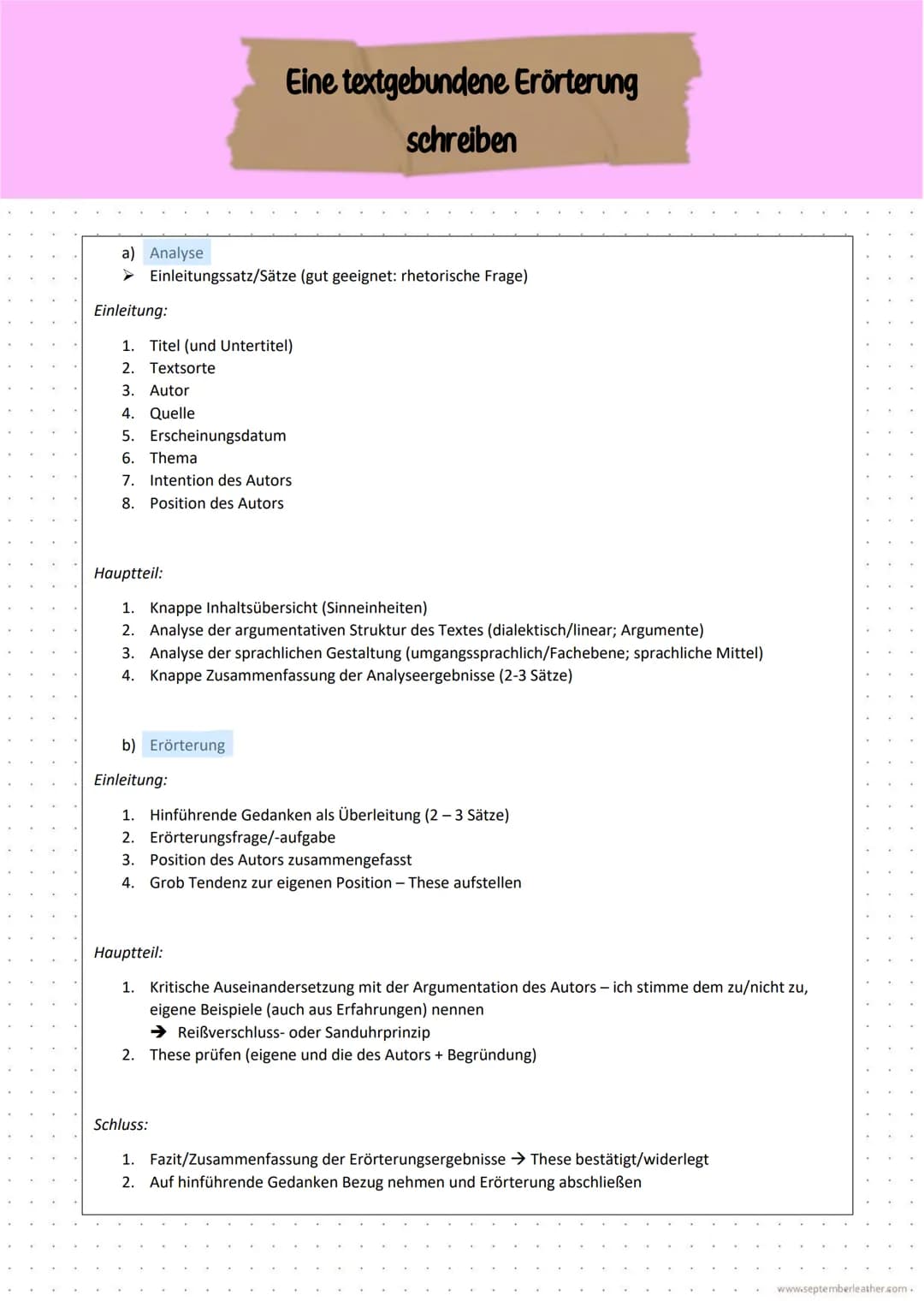 Eine textgebundene Erörterung
schreiben
a) Analyse
▸ Einleitungssatz/Sätze (gut geeignet: rhetorische Frage)
Einleitung:
1. Titel (und Unter