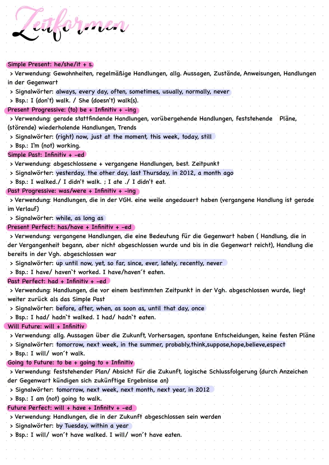 Zeuformen
Simple Present: he/she/it + s.
> Verwendung: Gewohnheiten, regelmäßige Handlungen, allg. Aussagen, Zustände, Anweisungen, Handlung