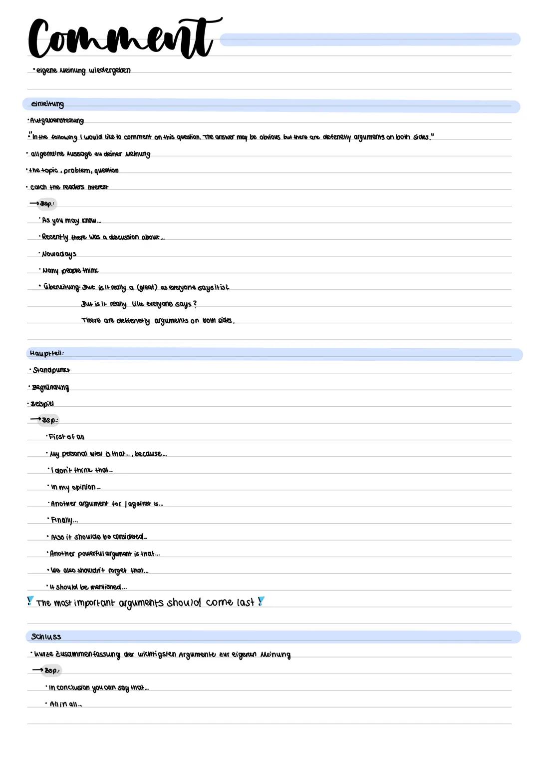 # Comment

*eigene Meinung wiedergeben.

Einleitung

*   Autgabenstellung

*   "In the following I would like to comment on this question. T
