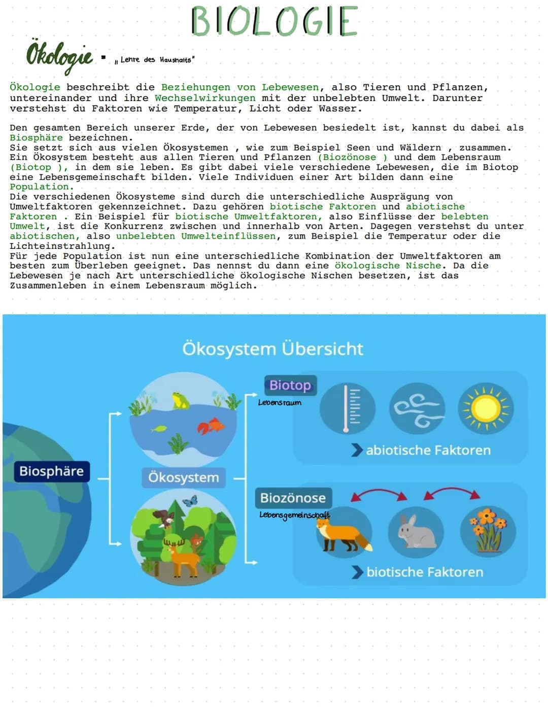 BIOLOGIE
Ökologie.
Ökologie beschreibt die Beziehungen von Lebewesen, also Tieren und Pflanzen,
untereinander und ihre Wechselwirkungen mit 