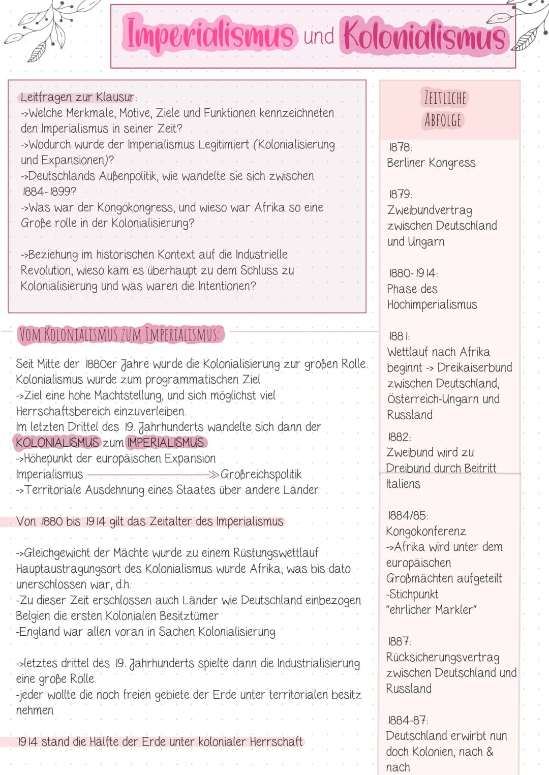 Imperialismus und Kolonialismus
ZEITLICHE
ABFOLGE
Leitfragen zur Klausur:
->Welche Merkmale, Motive, Ziele und Funktionen kennzeichneten
den