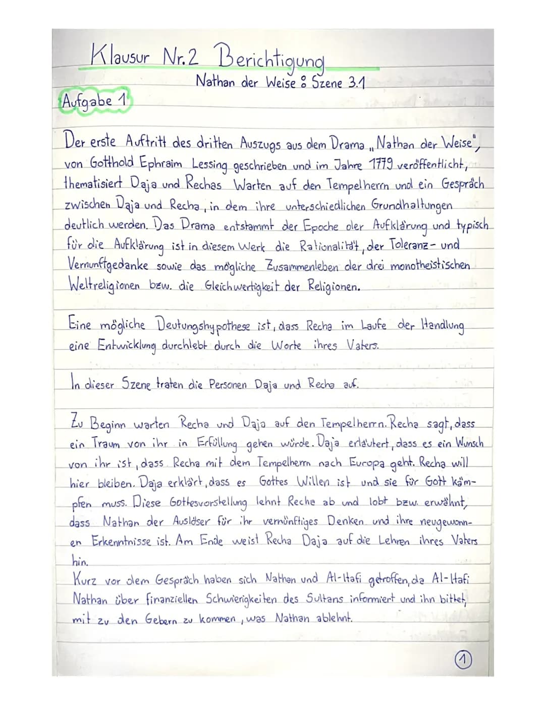 Klausur Nr.2 Berichtigung
Nathan der Weise & Szene 3.1.
Aufgabe 1
Der erste Auftritt des dritten Auszugs aus dem Drama, Nathan der Weise",
v