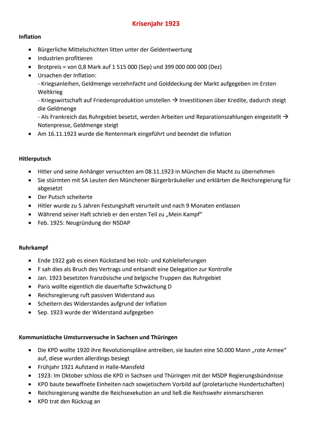 Inflation
●
●
●
●
●
Hitlerputsch
●
●
●
●
●
●
Ruhrkampf
●
●
Bürgerliche Mittelschichten litten unter der Geldentwertung
Industrien profitiere