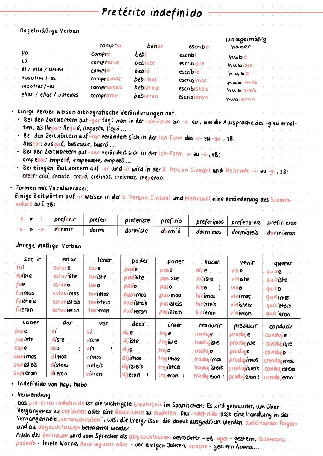 Regelmäßige Verben
.
'
yo
tú
él/ella / usted
nosotros/-as
vosotros/-as
ellos/ellas / ustedes
-0. D -a-
Unregelmäßige Verben
ser, ir
fui
fuis
