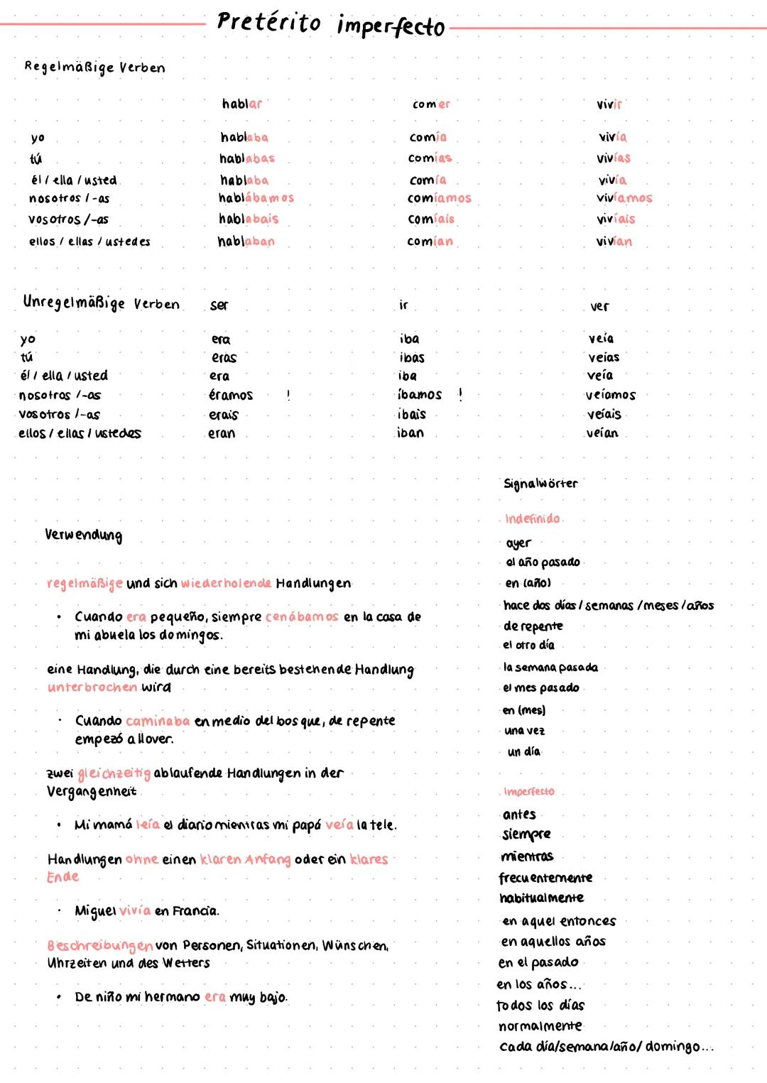 Regelmäßige Verben
.
'
yo
tú
él/ella / usted
nosotros/-as
vosotros/-as
ellos/ellas / ustedes
-0. D -a-
Unregelmäßige Verben
ser, ir
fui
fuis