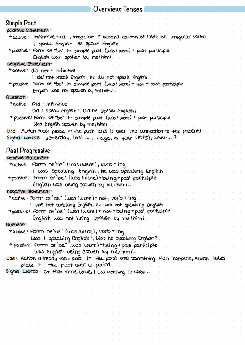 Simple Present
positive Statement:
active: Infinitive & He, She, It das S muss mit
I speak English, He speaks English
passive: Form of "be" 