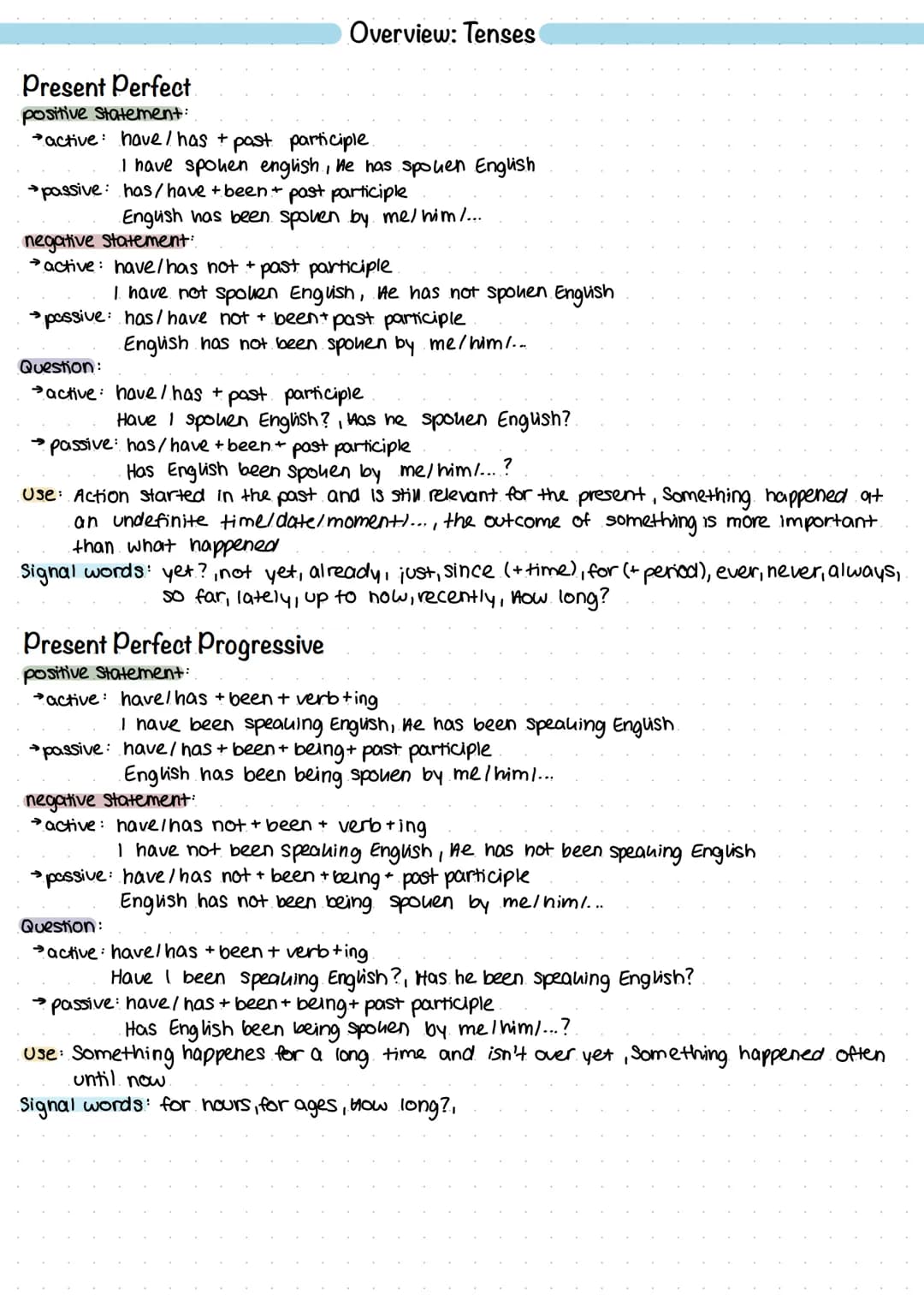Simple Present
positive Statement:
active: Infinitive & He, She, It das S muss mit
I speak English, He speaks English
passive: Form of "be" 
