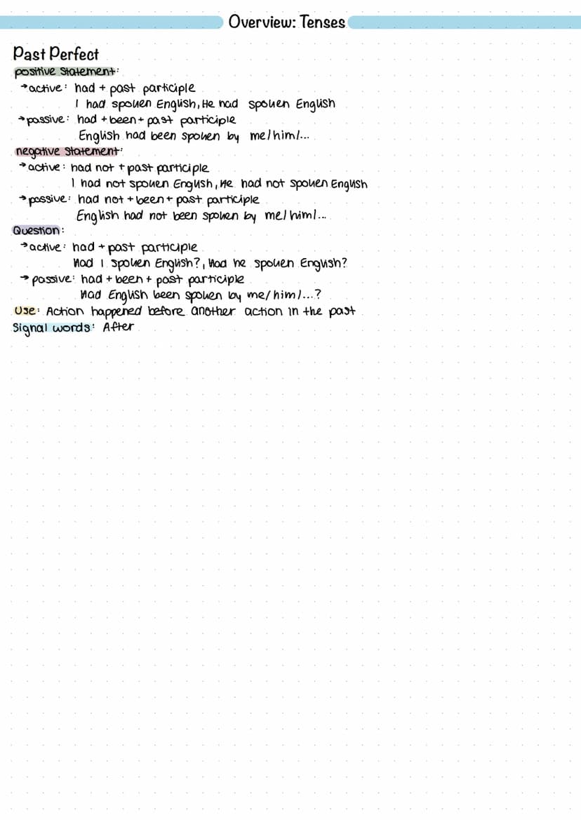 Simple Present
positive Statement:
active: Infinitive & He, She, It das S muss mit
I speak English, He speaks English
passive: Form of "be" 