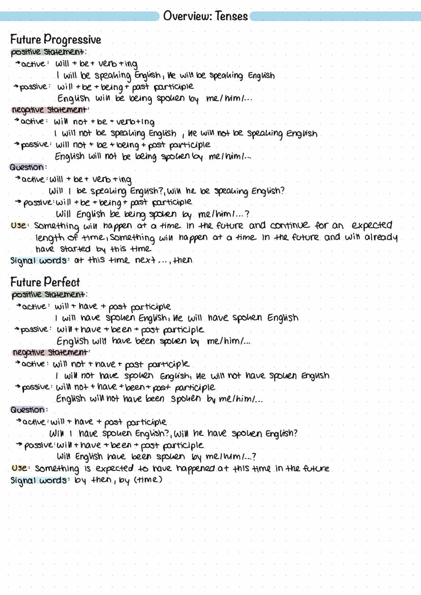 Simple Present
positive Statement:
active: Infinitive & He, She, It das S muss mit
I speak English, He speaks English
passive: Form of "be" 