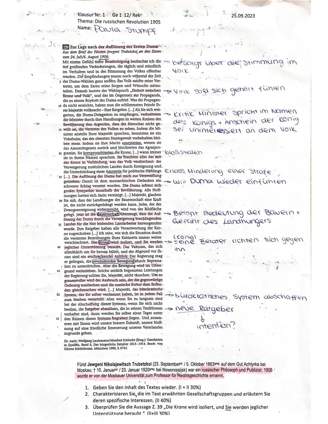 Klausur Nr. 1 Ge 1 12/ Rek
Thema: Die russischen Revolution 1905
Name: Paula Stumpf
28 Zur Lage nach der Auflösung der Ersten Duma
Aus dem B