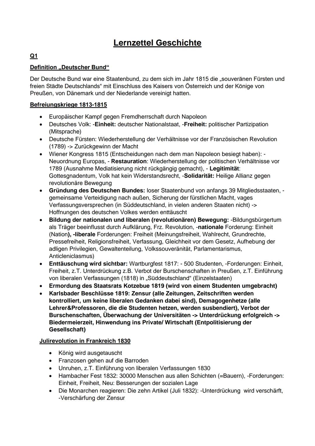 Q1
Definition Deutscher Bund"
Der Deutsche Bund war eine Staatenbund, zu dem sich im Jahr 1815 die ,,souveränen Fürsten und
freien Städte De