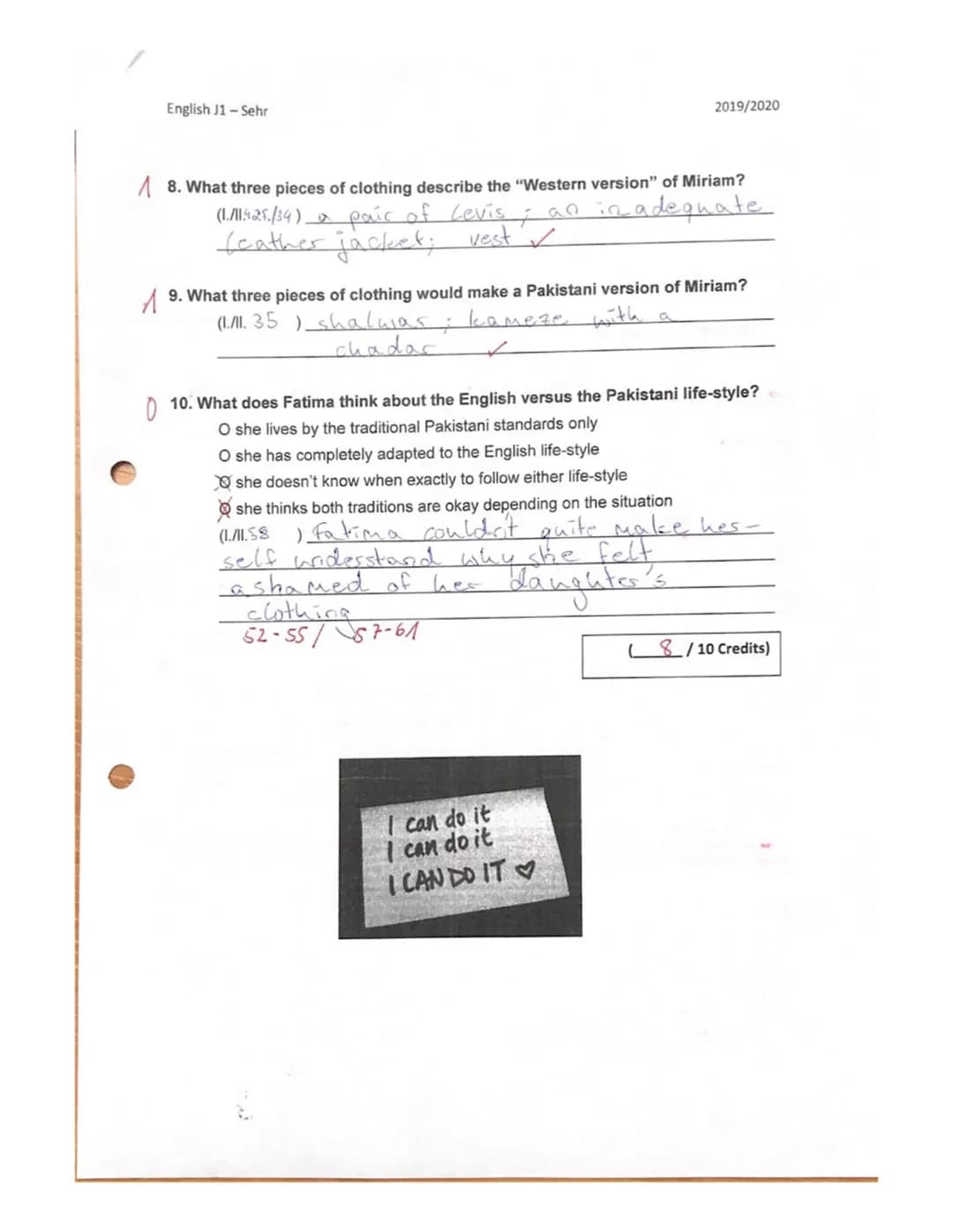 English J1 - Sehr
10
EXAM 1: Multicultural Britain
Name: Jacqueline
Credits: 28 /35
2019/2020
Grade:
(12) 1096 )
Well done! Sch
Good Luck
A 