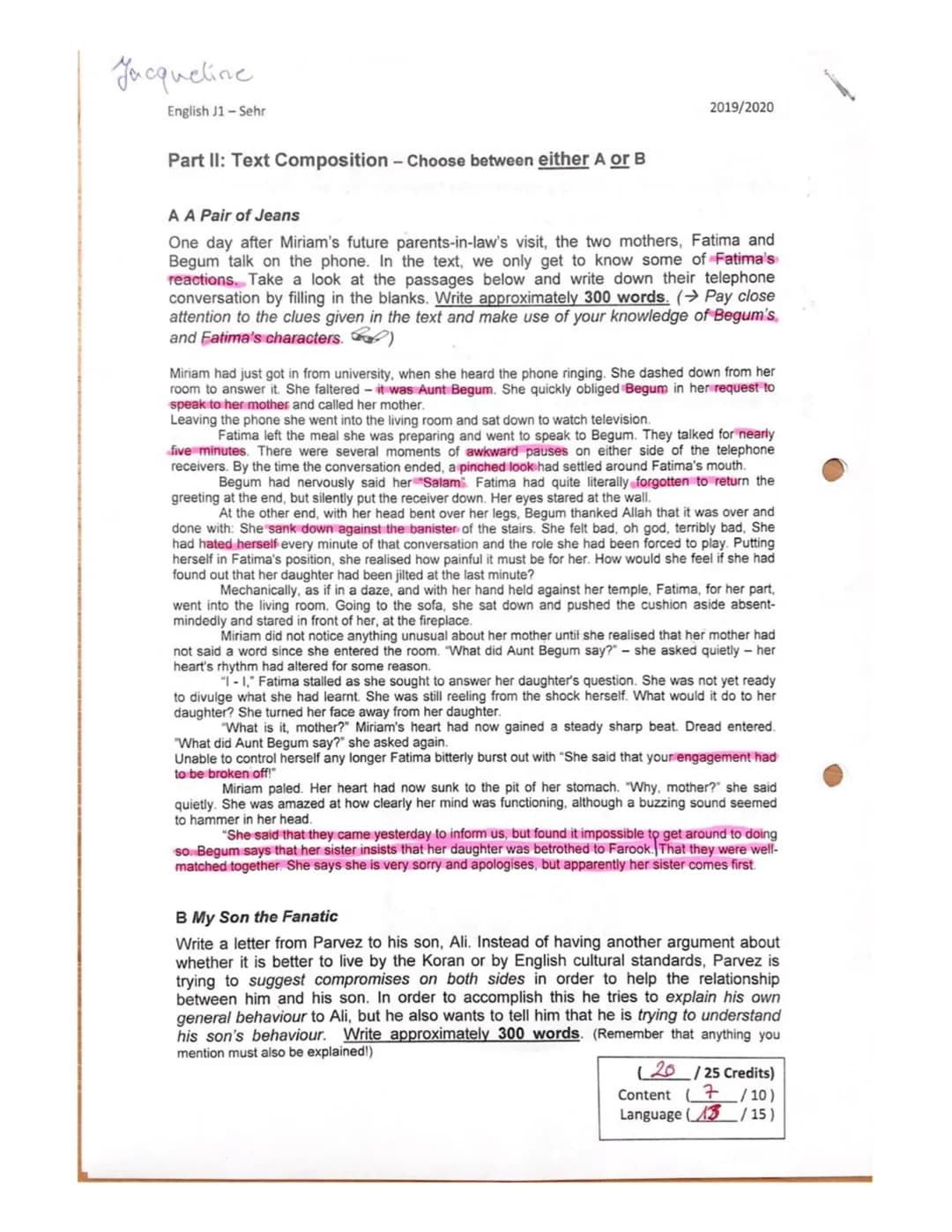 English J1 - Sehr
10
EXAM 1: Multicultural Britain
Name: Jacqueline
Credits: 28 /35
2019/2020
Grade:
(12) 1096 )
Well done! Sch
Good Luck
A 