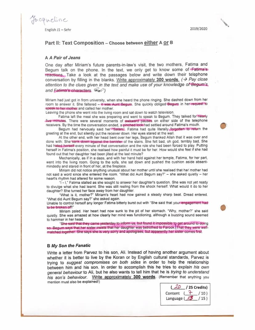 English J1 - Sehr
10
EXAM 1: Multicultural Britain
Name: Jacqueline
Credits: 28 /35
2019/2020
Grade:
(12) 1096 )
Well done! Sch
Good Luck
A 