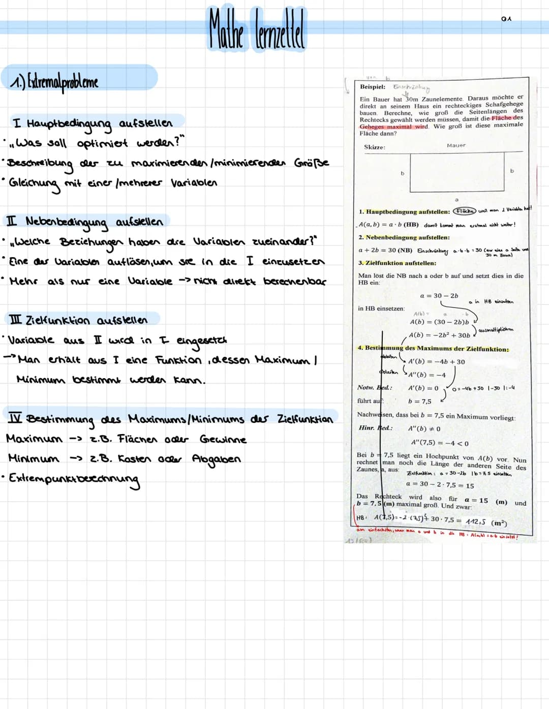 1.) Extremalprobleme
I Hauptbedingung aufstellen.
• Was soll optimiert werden?"
•Beschreibung der zu maximierenden /minimierenden Größe
• Gl