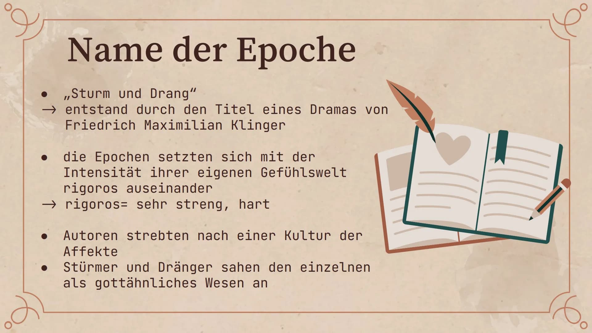 speler
Sturm
und Drang
Ne Gliederungsverzeichnis
01 Grundlagen
03
Formen der Epoche
02 Merkmale der Epoche
04 Vertreter und Werke
16. Sturm 