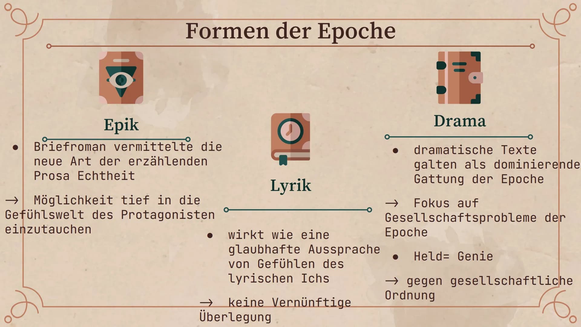 speler
Sturm
und Drang
Ne Gliederungsverzeichnis
01 Grundlagen
03
Formen der Epoche
02 Merkmale der Epoche
04 Vertreter und Werke
16. Sturm 