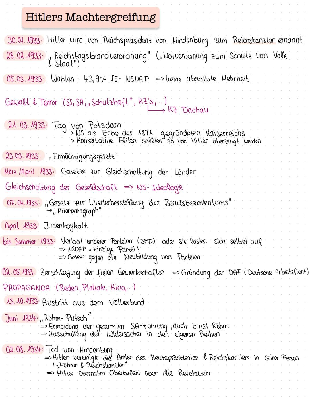 Hitlers Machtergreifung
30.01.1933: Hitler wird von Reichspräsident von Hindenburg zum Reichskanzler ernannt
28.02.1933 Reichstagsbrandveror