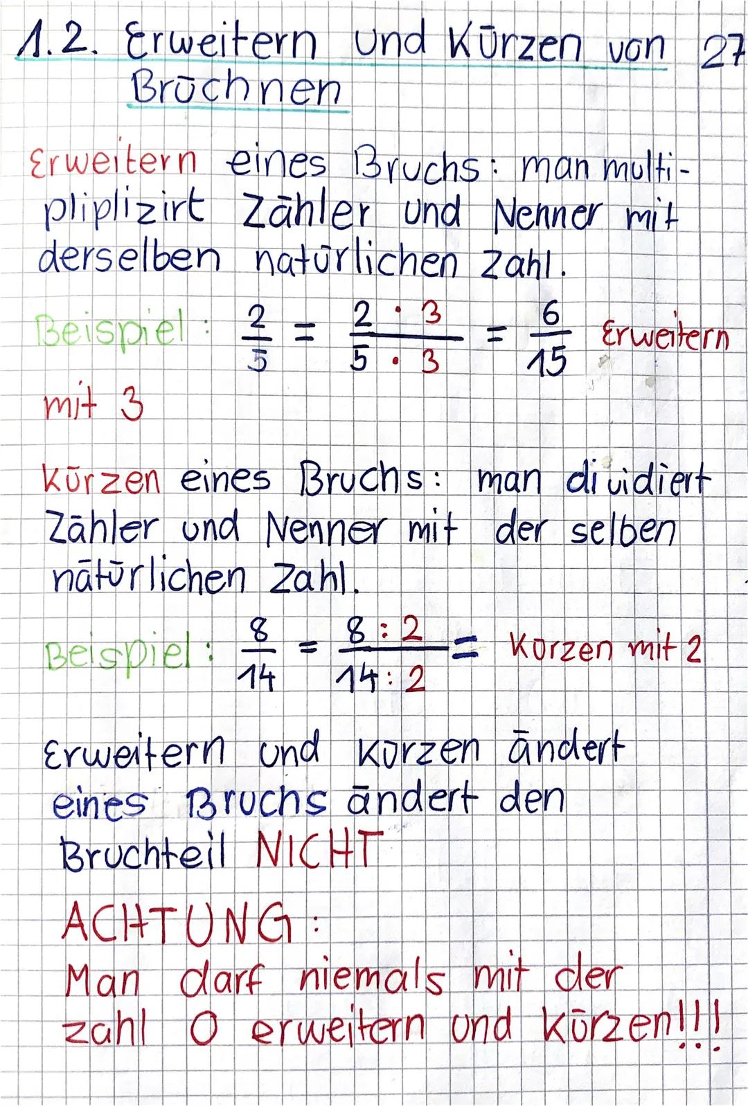 1.2. Erweitern und Kürzen von 27
Brüchnen
Erweitern eines Bruchs: man multi-
pliplizirt Zähler und Nenner mit
derselben natürlichen Zahl.
Be