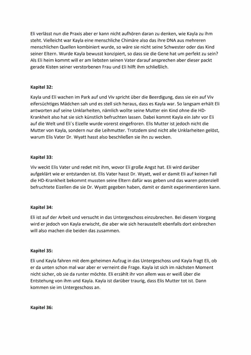 Double Helix Kapitelzusammenfassung
Kapitel 1:
In diesem Kapitel befindet sich Eli erstmals im Gebäude von Wyatt Transgenics. Ungeduldig
und