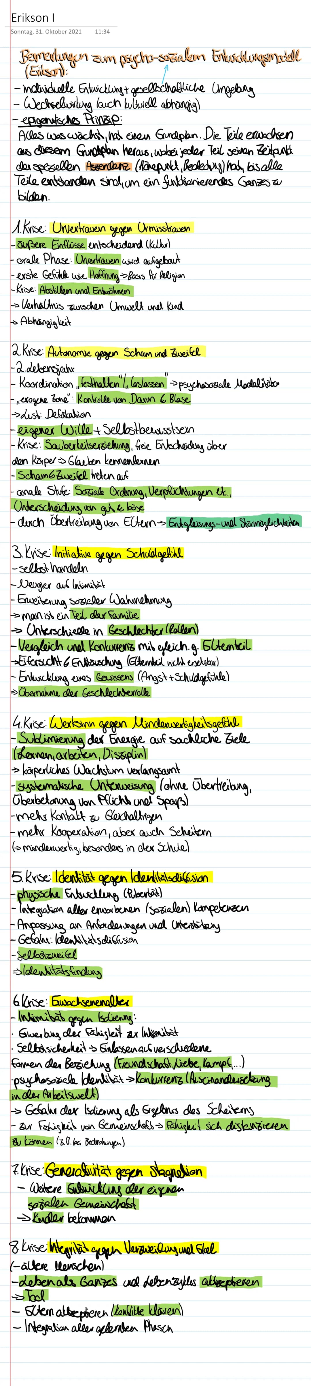 Erikson I
Sonntag, 31. Oktober 2021 11:34
Bemedungen zum psycho-sozialen
(Evilsan):
- individuelle Entwicklung+ gesellschaftliche Ungeling
-