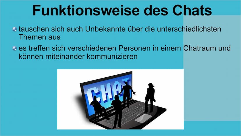 €!
[+((
|
30
Kommunikation im Internet Unterschiede der Kommunikation im Internet
Arten der Kommunikation im Internet
Funktionsweise
Vorteil