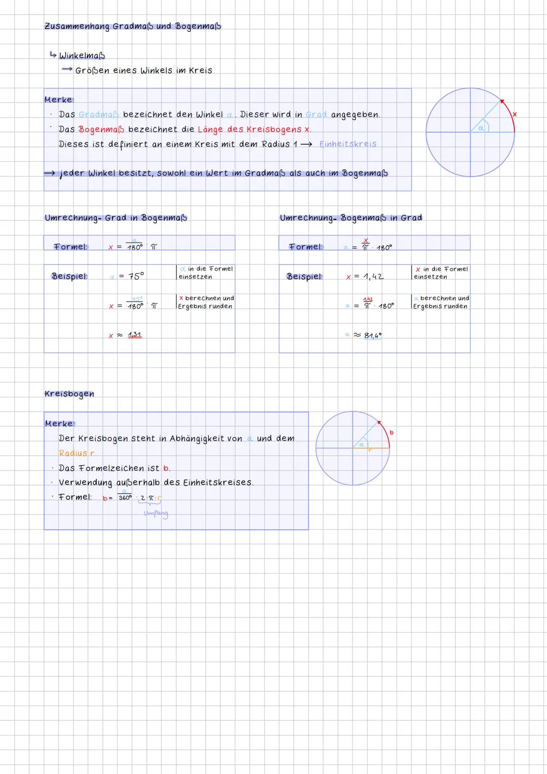 Zusammenhang Gradmaß und Bogenmaß

Winkelmaß
→Größen eines Winkels im Kreis

Merke:
- Das Gradma bezeichnet den Winkel. Dieser wird in Grad 