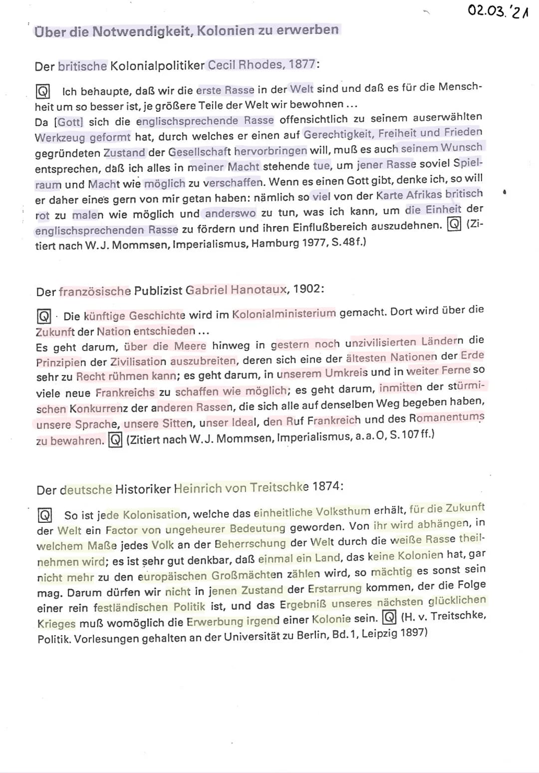 02.03.'21
Über die Notwendigkeit, Kolonien zu erwerben
Der britische Kolonialpolitiker Cecil Rhodes, 1877:
Ich behaupte, daß wir die erste R