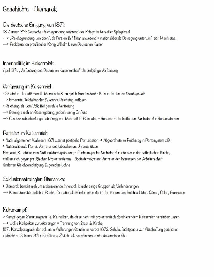 Geschichte - Bismarck
Wie kam es zur Deutschen Reichsgründung?
> fing an mit Wunsch Preußens einen Nationalstaat zu erschaffen -> ist von Bi