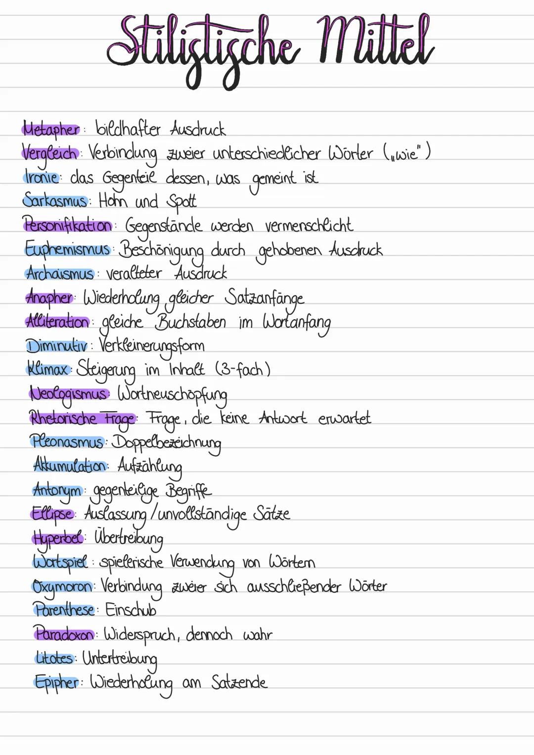 Stilistische Mittel
Metapher: bildhafter Ausdruck
Vergleich: Verbindung zweier unterschiedlicher Wörter (wie")
Ironie: das Gegenteil dessen,