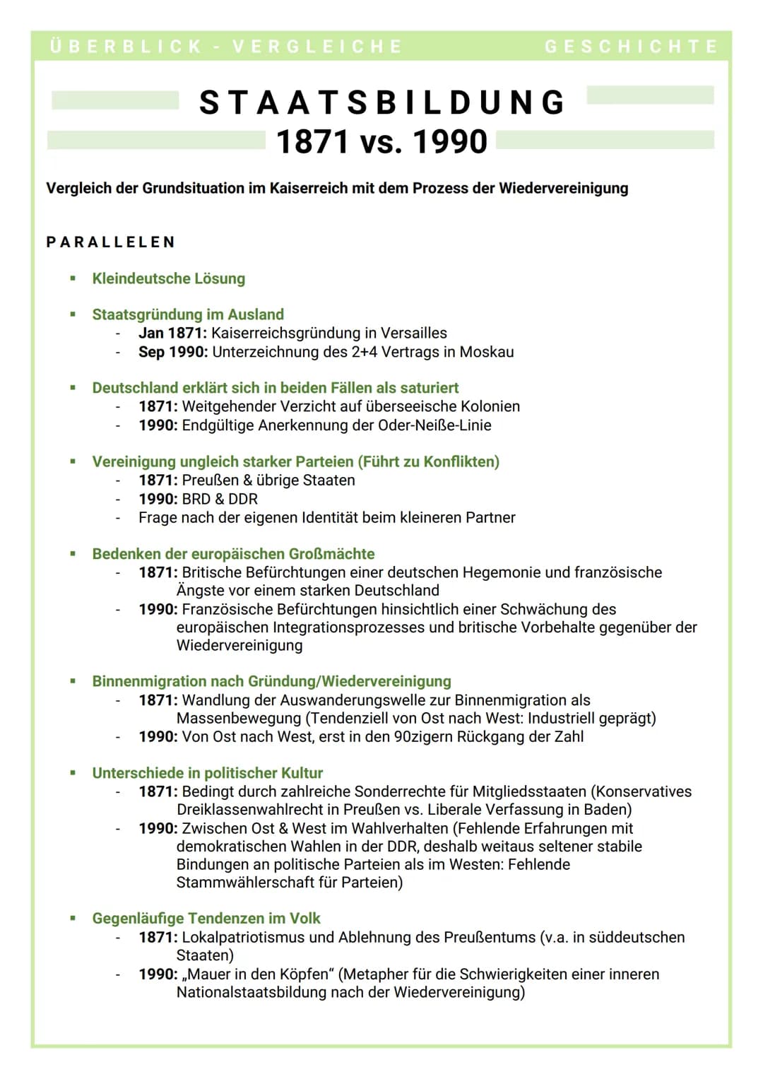 ÜBERBLICK VERGLEICHE
DEUTSCHE AUBEN POLITIK
1871-1990
KAISERREICH
LEITIDEEN
MABNAHMEN
FOLGEN
PROBLEME
BISMARCK
(Günstigere Ausgangslage als 