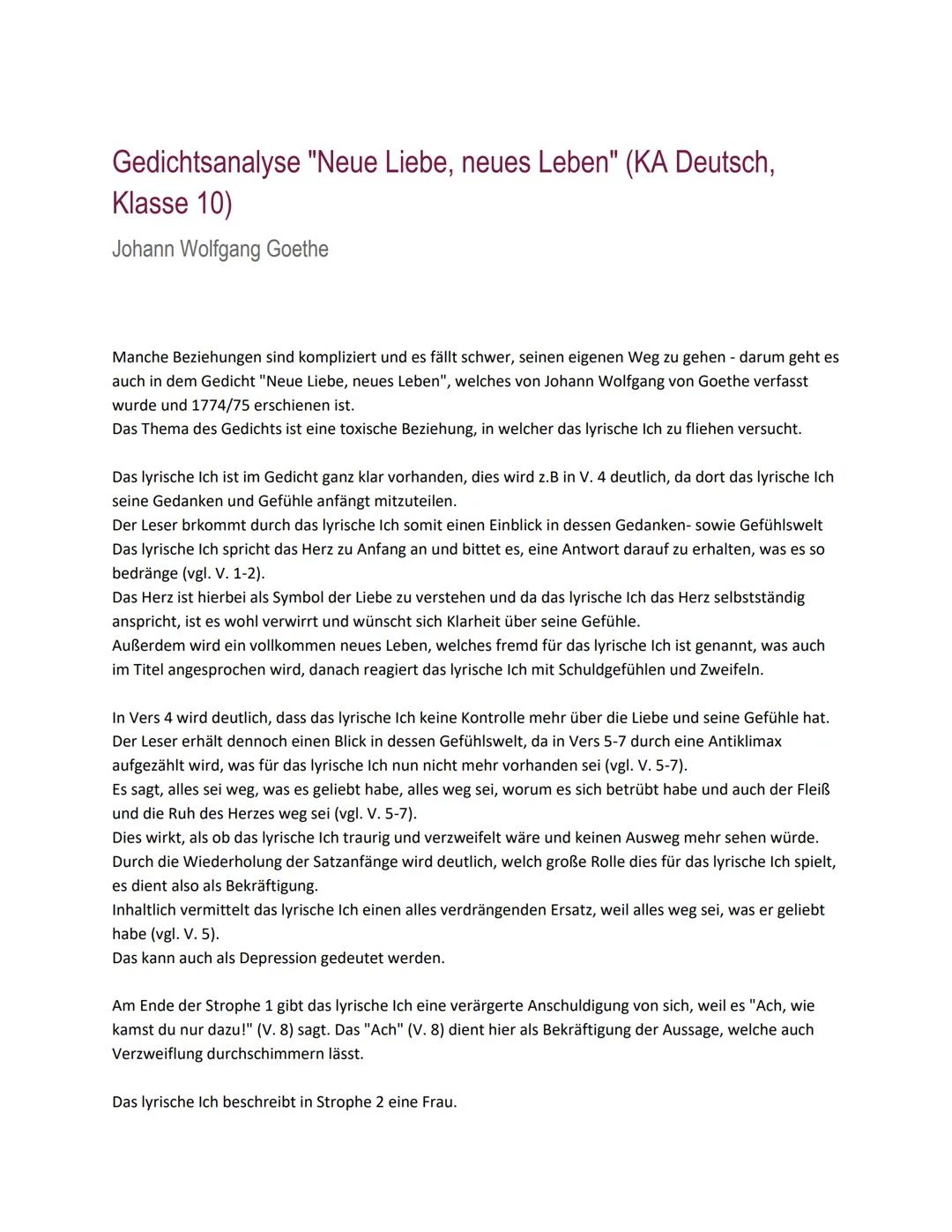 Gedichtsanalyse "Neue Liebe, neues Leben" (KA Deutsch,
Klasse 10)
Johann Wolfgang Goethe
Manche Beziehungen sind kompliziert und es fällt sc