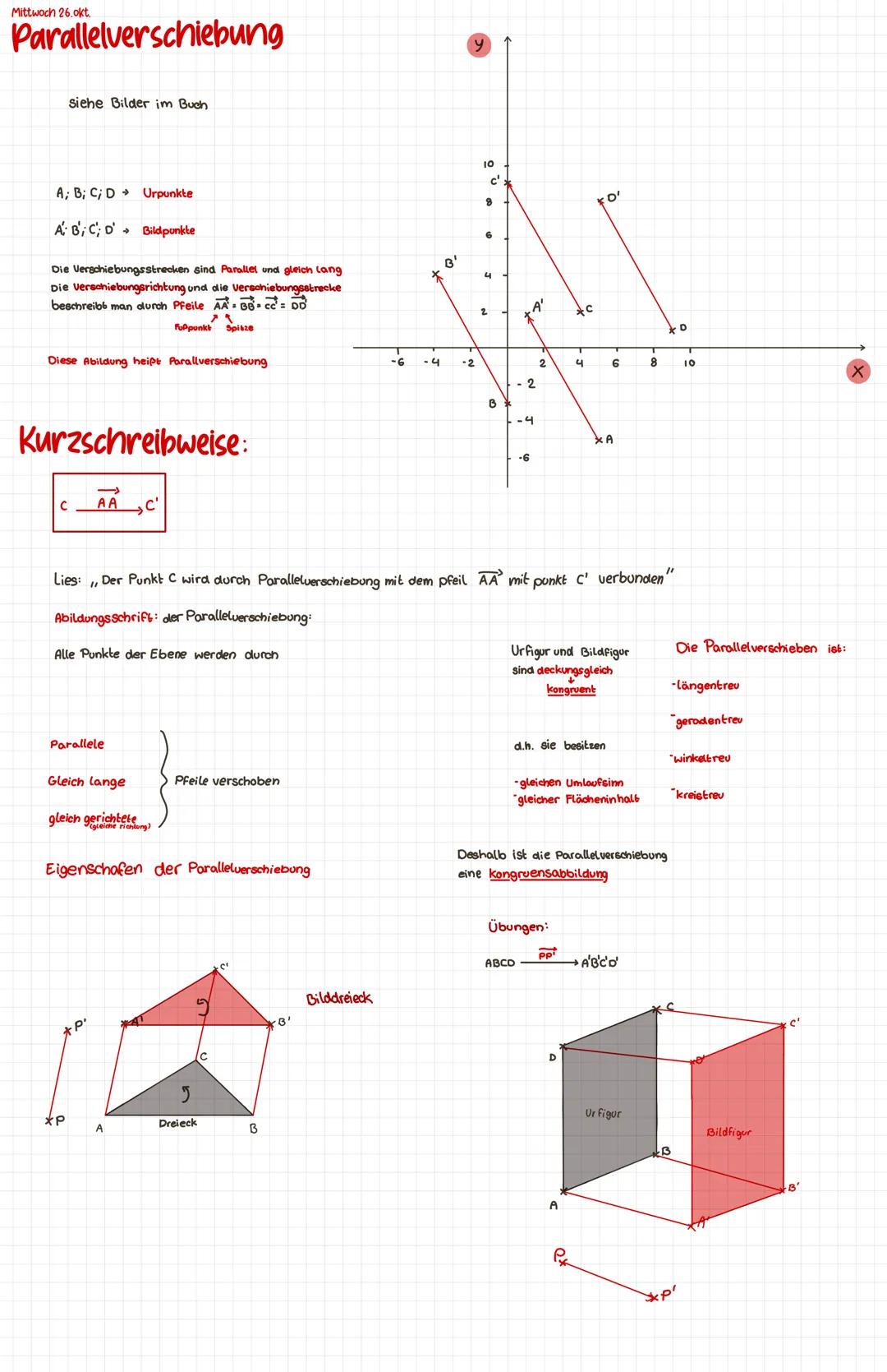 Mittwoch 26. okt.
# Parallelverschiebung

siehe Bilder im Buch.

A; B; C; D Urpunkte

A' B' C' D' Bildpunkte

Die Verschiebungsstrecken sind