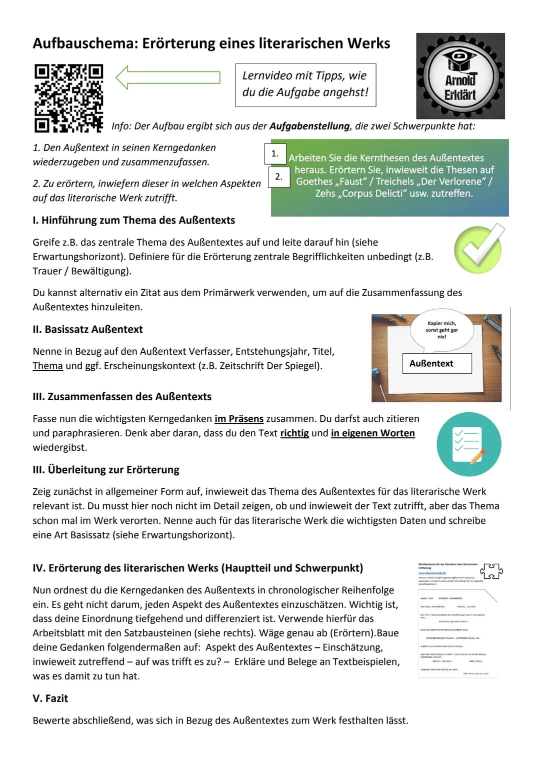 Aufbauschema: Erörterung eines literarischen Werks
Lernvideo mit Tipps, wie
du die Aufgabe angehst!
Info: Der Aufbau ergibt sich aus der Auf