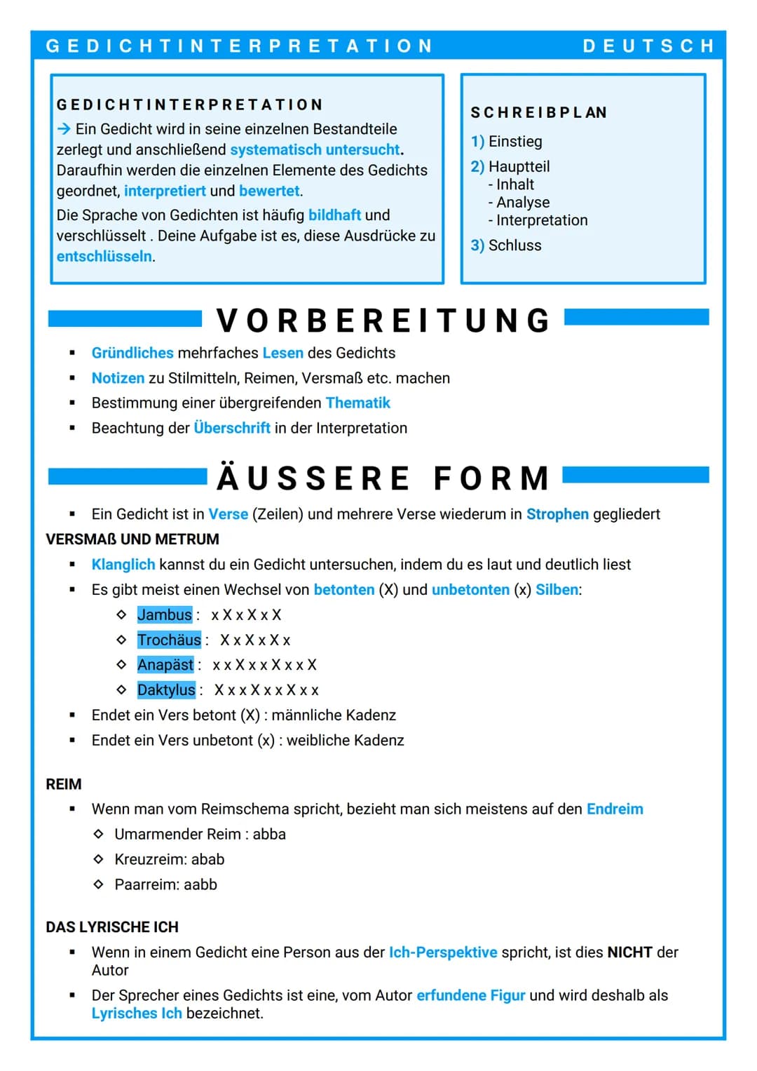 GEDICHTINTERPRETATION
GEDICHTINTERPRETATION
→ Ein Gedicht wird in seine einzelnen Bestandteile
zerlegt und anschließend systematisch untersu