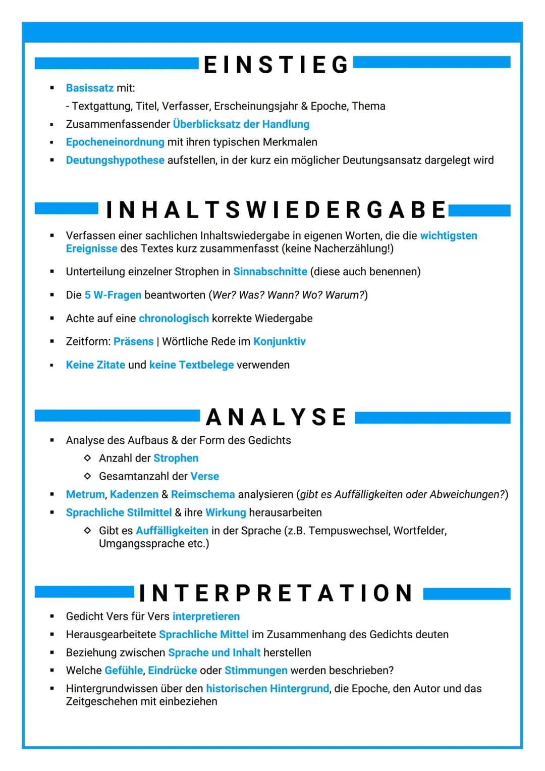 GEDICHTINTERPRETATION
GEDICHTINTERPRETATION
→ Ein Gedicht wird in seine einzelnen Bestandteile
zerlegt und anschließend systematisch untersu