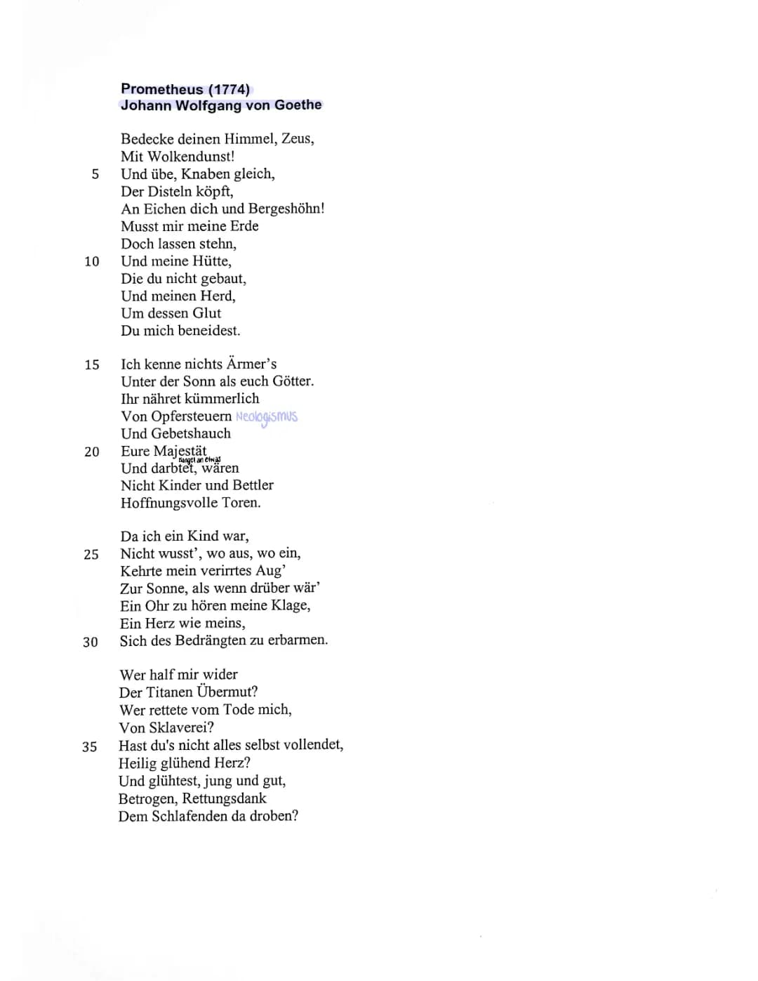 Prometheus Gedicht: Einfacher Text, PDF und Musterlösung für Klasse 10