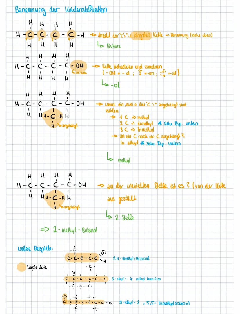 Methan
10
Ethan
2 C
Propan →→3C
Bulan
-4C
Pendan
Hexan
Heplan
Octan
Nonan
Decan
primär
selunder
destar
Bsp:
Alhane, Alkanole, Alkanale & All